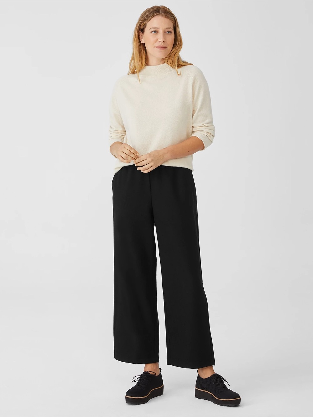Eileen Fisher wool Black Wide-Leg Pull-On Pants